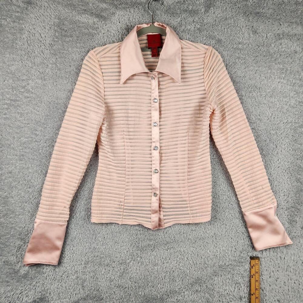 Vintage JS Collections Blouse Womens 10 Pink Sheer Mesh Rhinestone Button Party